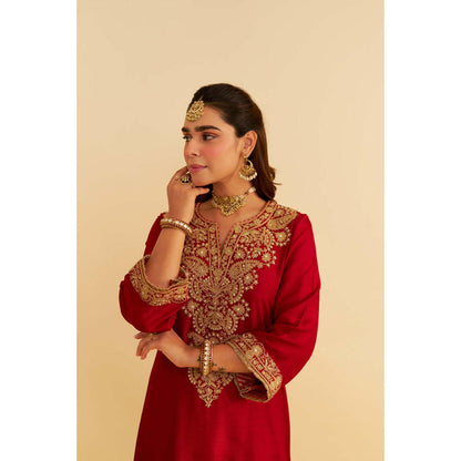 Sheetal Batra Hiba - Deep Red Long Kaftan With Salwar And Dupatta And Dupatta