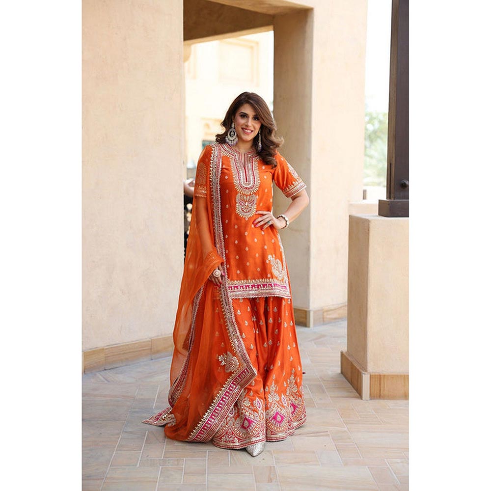 Sheetal Batra Anjali Khushalani Burnt Orange Short Kurta With Sharara And Dupatta