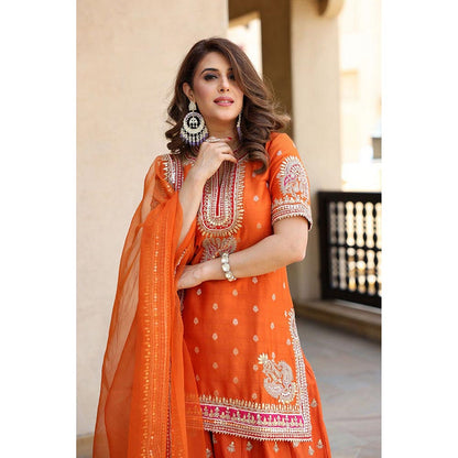 Sheetal Batra Anjali Khushalani Burnt Orange Short Kurta With Sharara And Dupatta