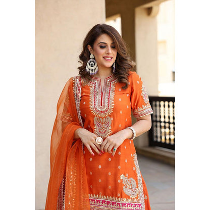 Sheetal Batra Anjali Khushalani Burnt Orange Short Kurta With Sharara And Dupatta