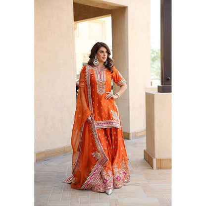 Sheetal Batra Anjali Khushalani Burnt Orange Short Kurta With Sharara And Dupatta