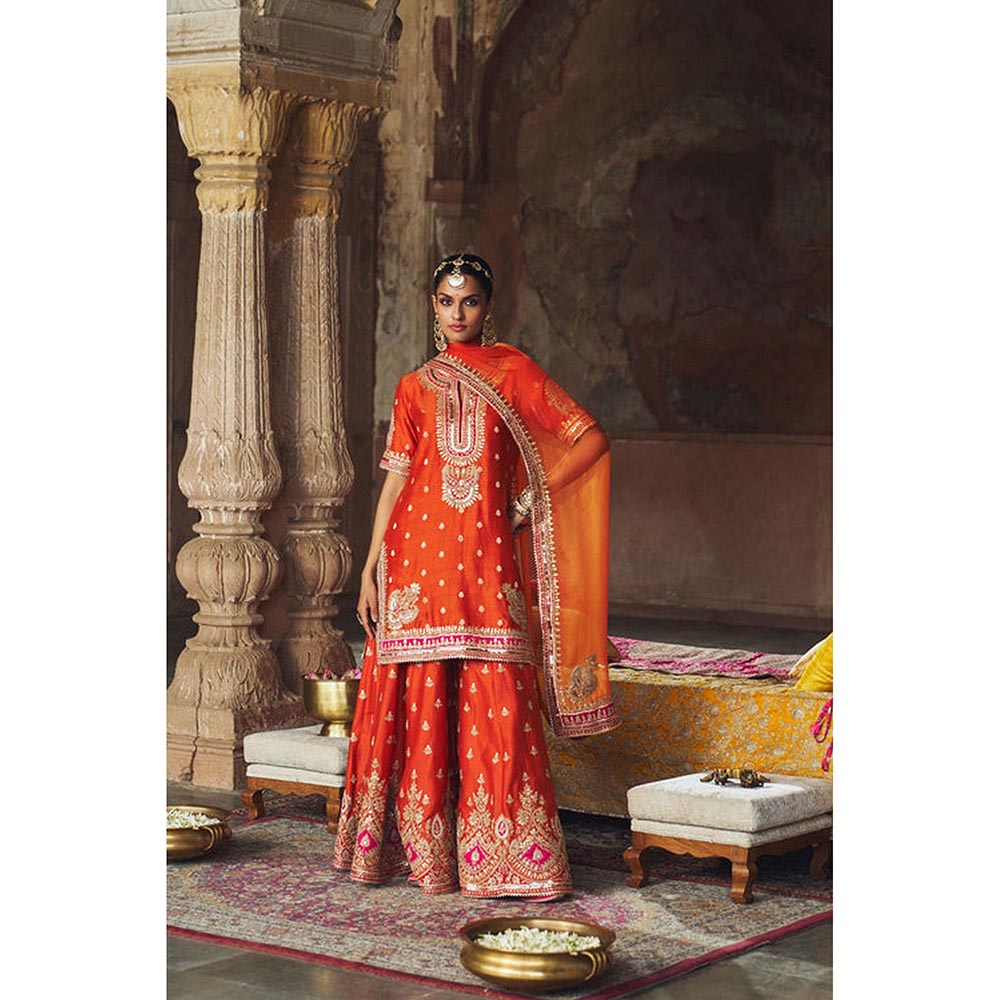 Sheetal Batra Anjali Khushalani Burnt Orange Short Kurta With Sharara And Dupatta