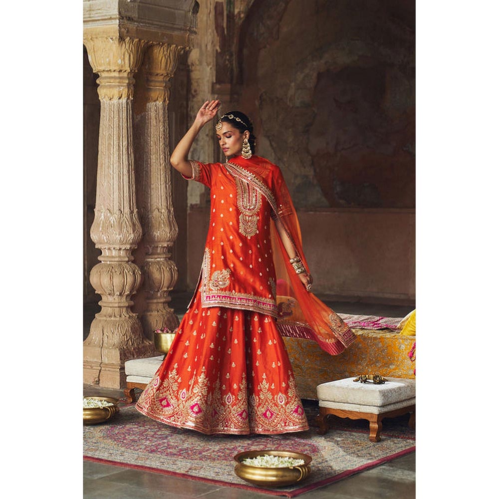 Sheetal Batra Anjali Khushalani Burnt Orange Short Kurta With Sharara And Dupatta