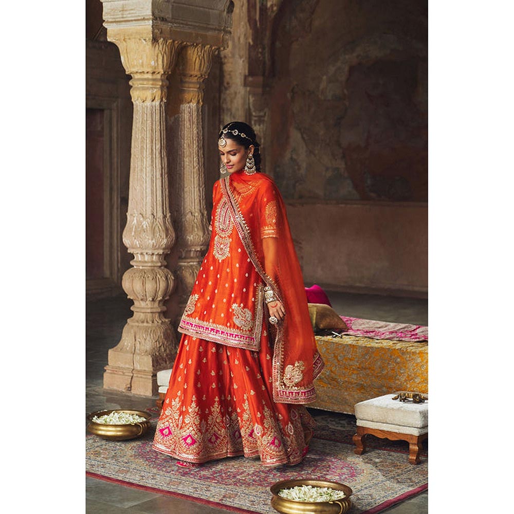 Sheetal Batra Anjali Khushalani Burnt Orange Short Kurta With Sharara And Dupatta