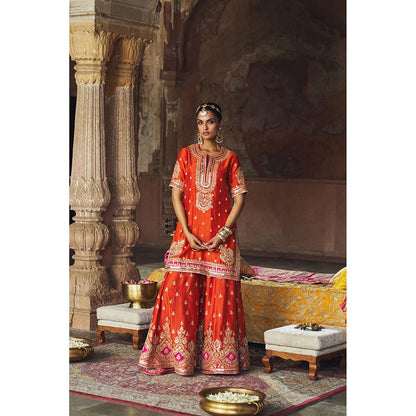 Sheetal Batra Anjali Khushalani Burnt Orange Short Kurta With Sharara And Dupatta