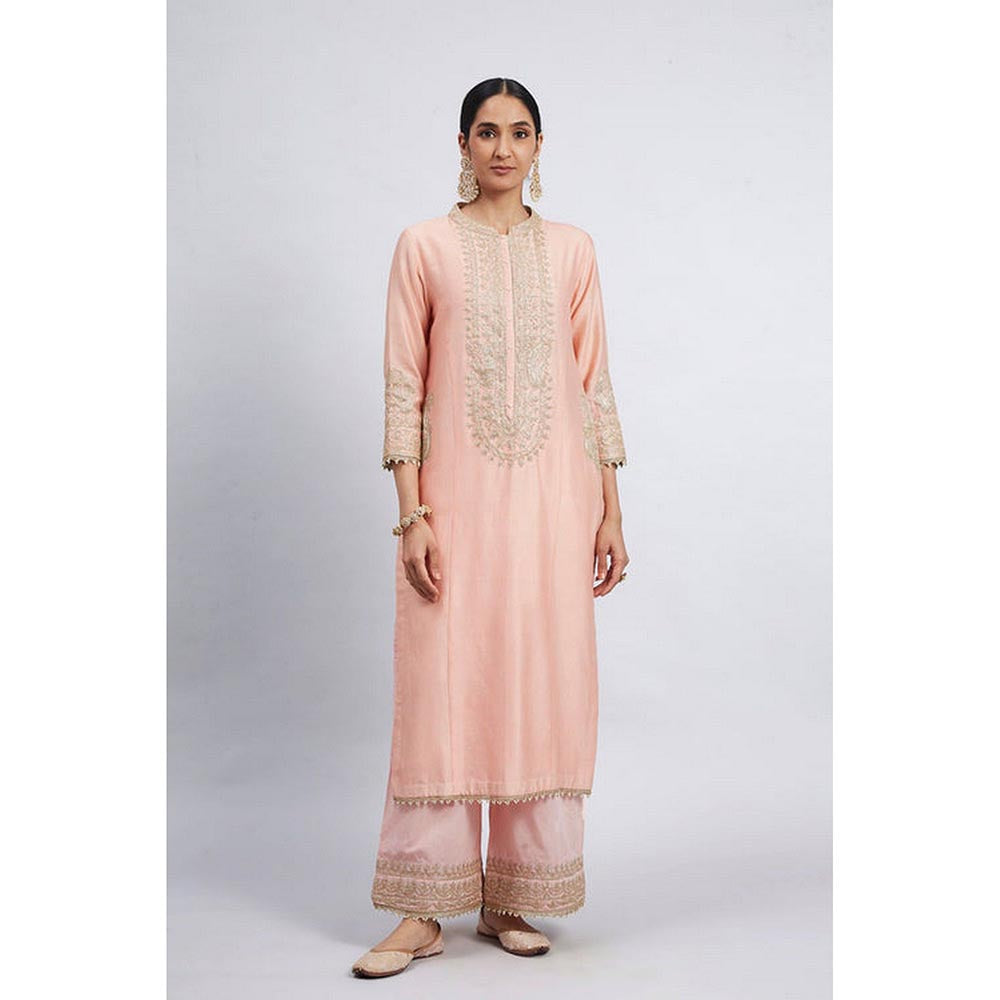 Sheetal Batra Aadirah- Carnation Pink Embroidered Kurt And Palazzo With Side Pockets
