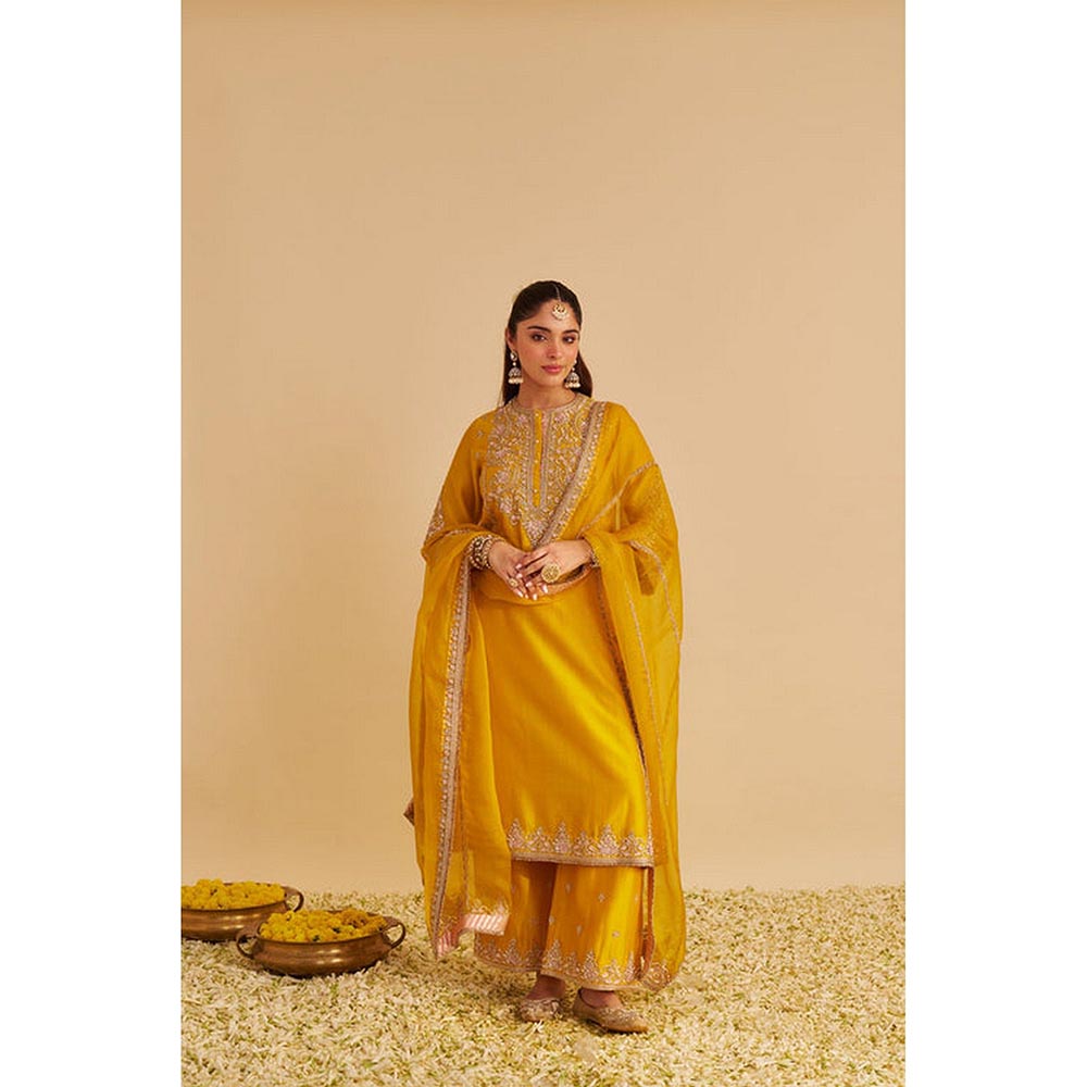 Sheetal Batra Anaiza - Dabka Zardozi Embroidered Mustard Long Kurta And Palazzo With Dupatta