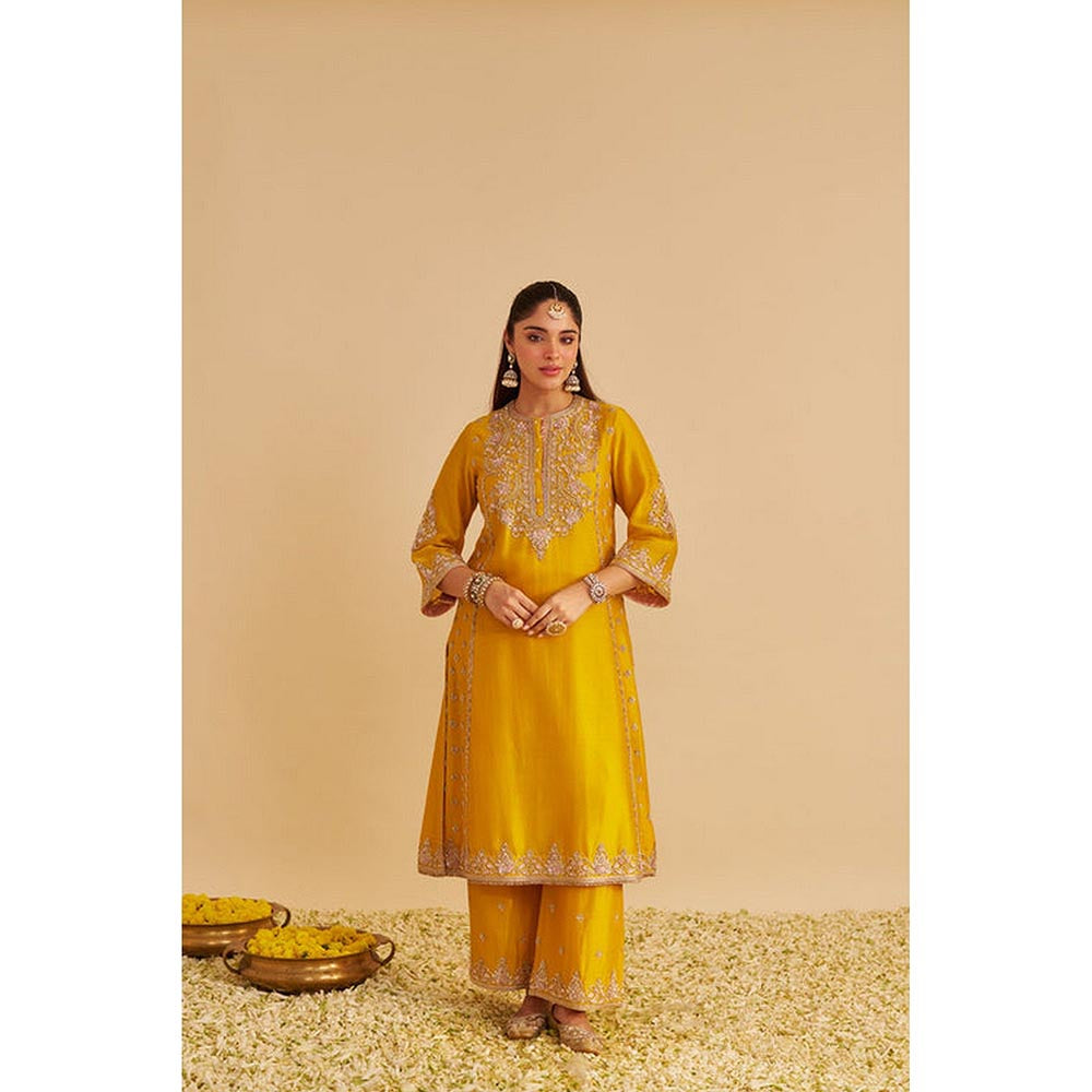 Sheetal Batra Anaiza - Dabka Zardozi Embroidered Mustard Long Kurta And Palazzo With Dupatta