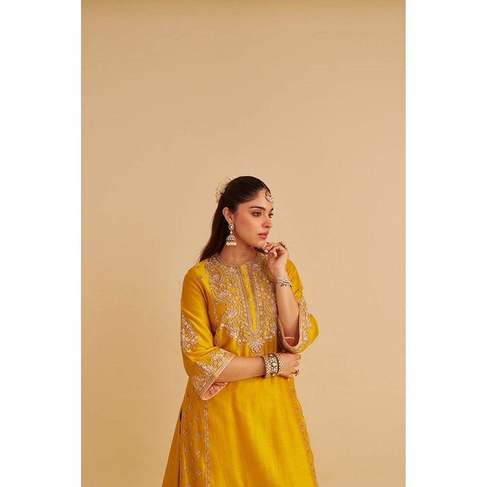 Sheetal Batra Anaiza - Dabka Zardozi Embroidered Mustard Long Kurta And Palazzo With Dupatta