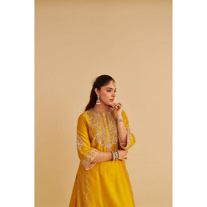 Sheetal Batra Anaiza - Dabka Zardozi Embroidered Mustard Long Kurta And Palazzo With Dupatta
