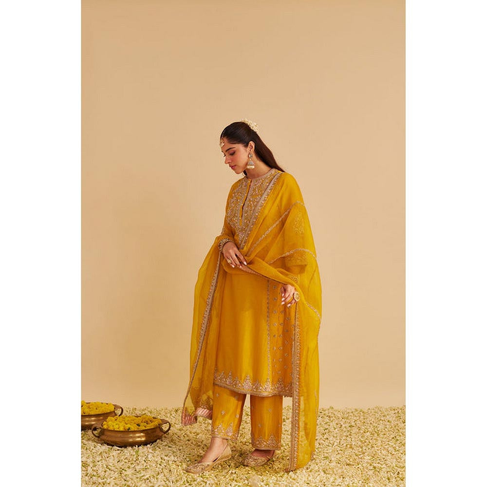 Sheetal Batra Anaiza - Dabka Zardozi Embroidered Mustard Long Kurta And Palazzo With Dupatta