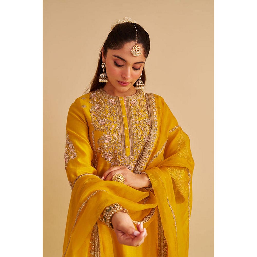 Sheetal Batra Anaiza - Dabka Zardozi Embroidered Mustard Long Kurta And Palazzo With Dupatta