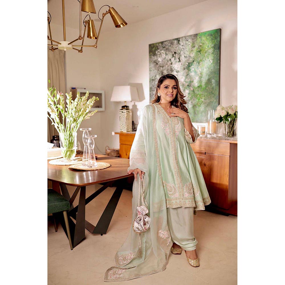 Sheetal Batra Misty Green Short Anarkali Kurta With Churidar And Dupatta