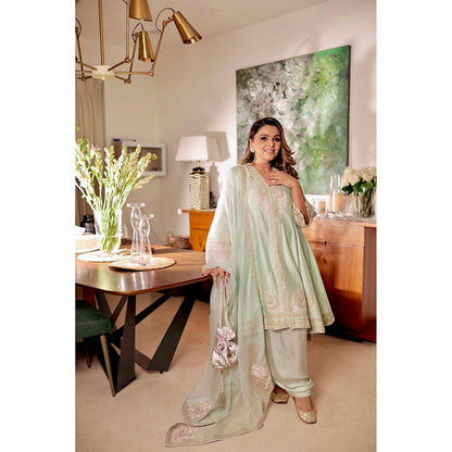 Sheetal Batra Misty Green Short Anarkali Kurta With Churidar And Dupatta