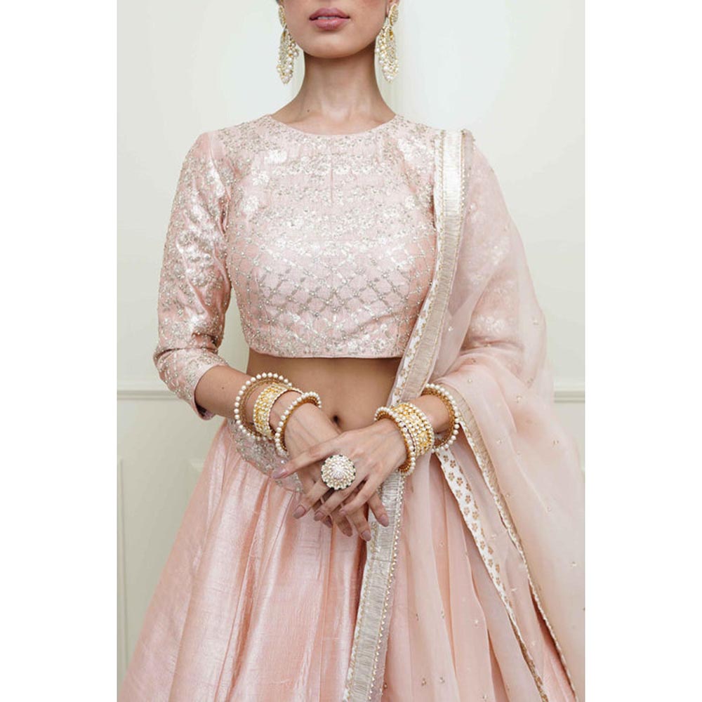 Sheetal Batra Aafiyah-Pearl Pink Tilla Embroidered Lehenga With Blouse And Dupatta Set