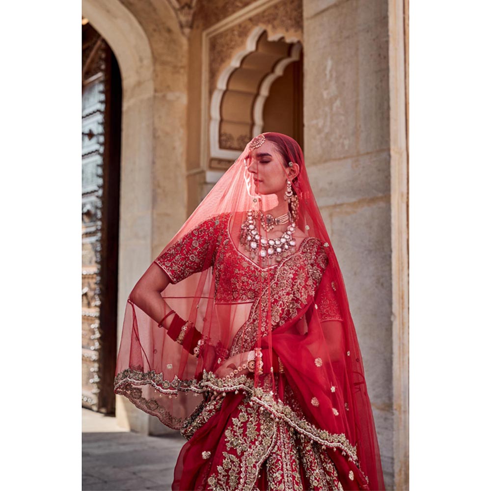 Sheetal Batra Mahanoor Pure Silk Red Bridal Lehenga With Blouse And Dupatta Set