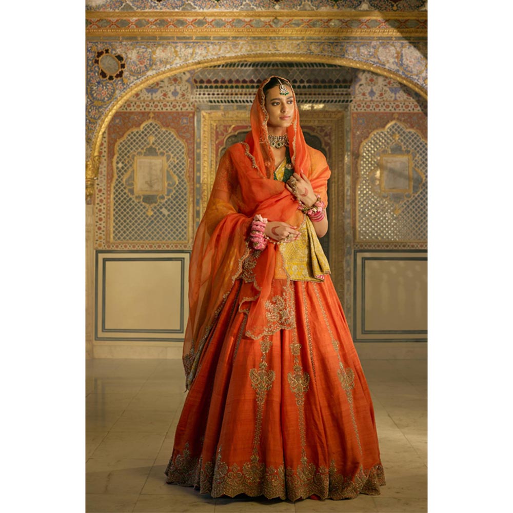 Sheetal Batra Naazila Raw Silk Burnt Orange Lehenga With Blouse And Dupatta Set