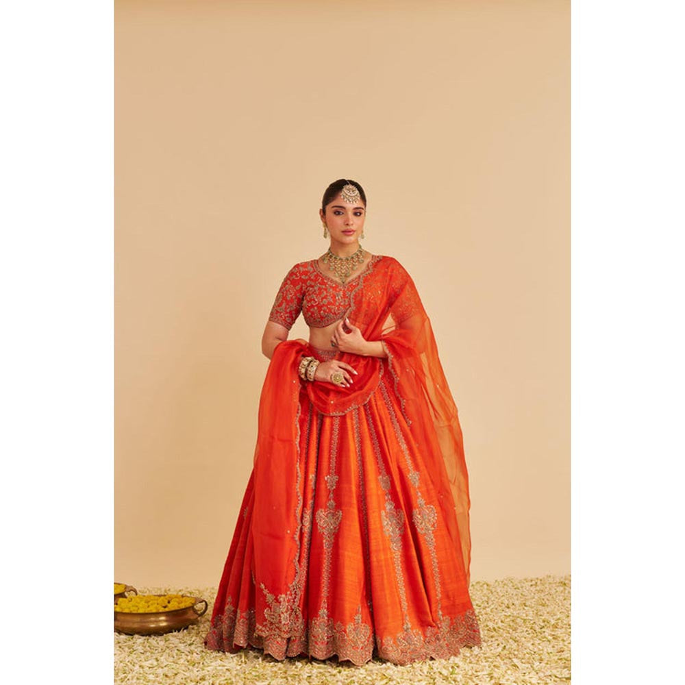 Sheetal Batra Naazila Raw Silk Burnt Orange Lehenga With Blouse And Dupatta Set