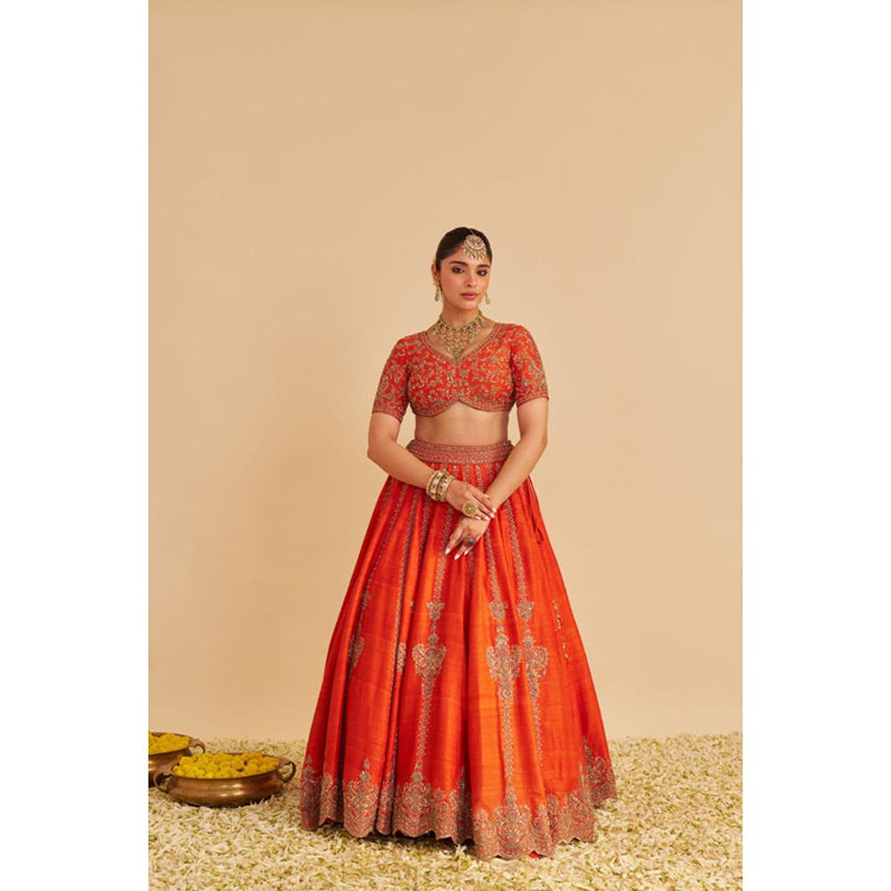 Sheetal Batra Naazila Raw Silk Burnt Orange Lehenga With Blouse And Dupatta Set