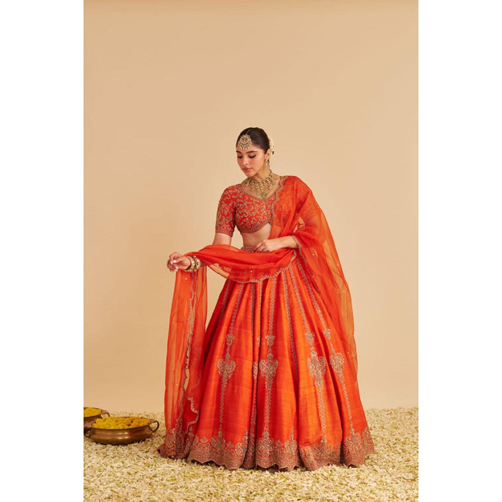 Sheetal Batra Naazila Raw Silk Burnt Orange Lehenga With Blouse And Dupatta Set