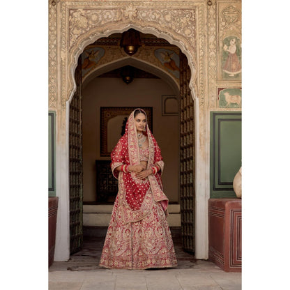 Sheetal Batra Sanaa Raw Silk Red Bridal Lehenga With Blouse And Dupatta Set