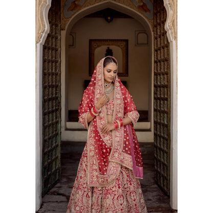 Sheetal Batra Sanaa Raw Silk Red Bridal Lehenga With Blouse And Dupatta Set