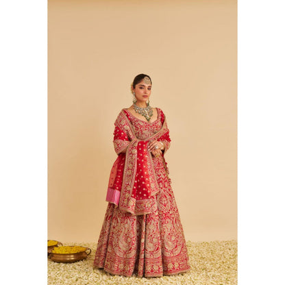 Sheetal Batra Sanaa Raw Silk Red Bridal Lehenga With Blouse And Dupatta Set