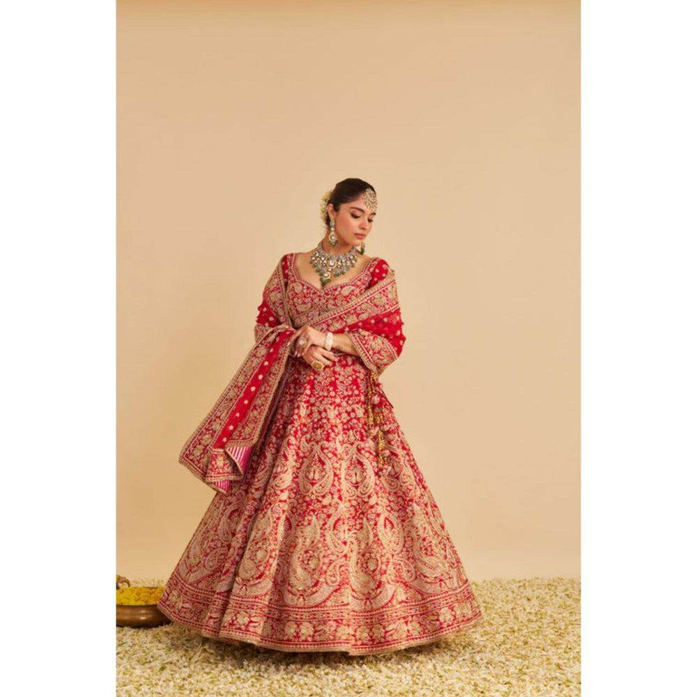 Sheetal Batra Sanaa Raw Silk Red Bridal Lehenga With Blouse And Dupatta Set