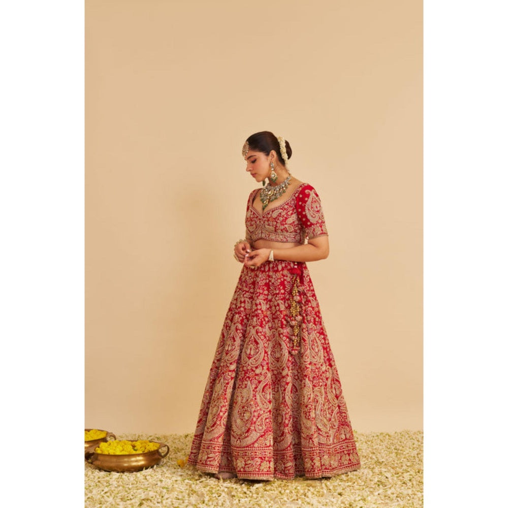 Sheetal Batra Sanaa Raw Silk Red Bridal Lehenga With Blouse And Dupatta Set