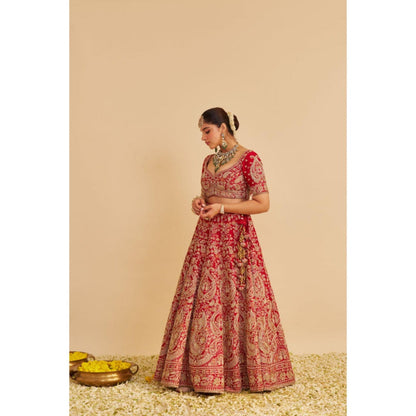Sheetal Batra Sanaa Raw Silk Red Bridal Lehenga With Blouse And Dupatta Set