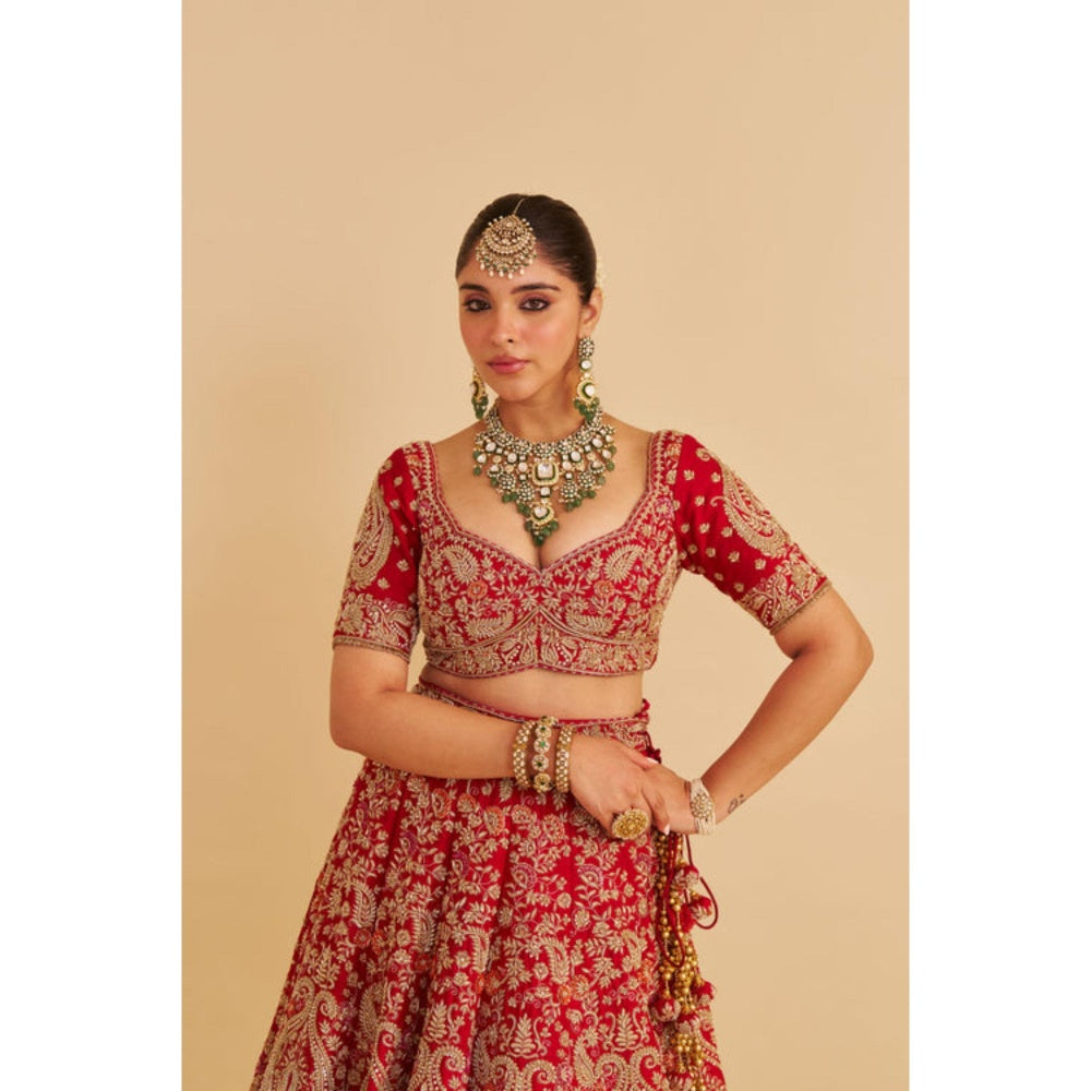 Sheetal Batra Sanaa Raw Silk Red Bridal Lehenga With Blouse And Dupatta Set