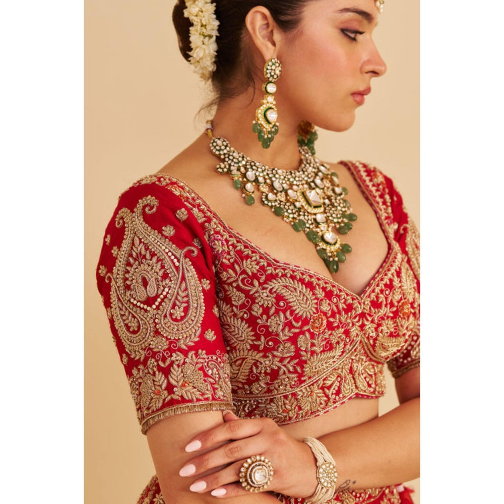 Sheetal Batra Sanaa Raw Silk Red Bridal Lehenga With Blouse And Dupatta Set