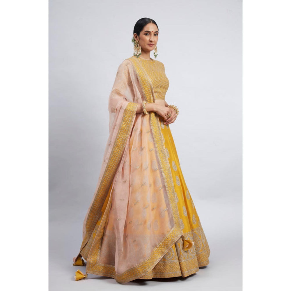 Sheetal Batra Varisha-Happy Mustard Raw Silk Lehenga With Blouse And Dupatta Set