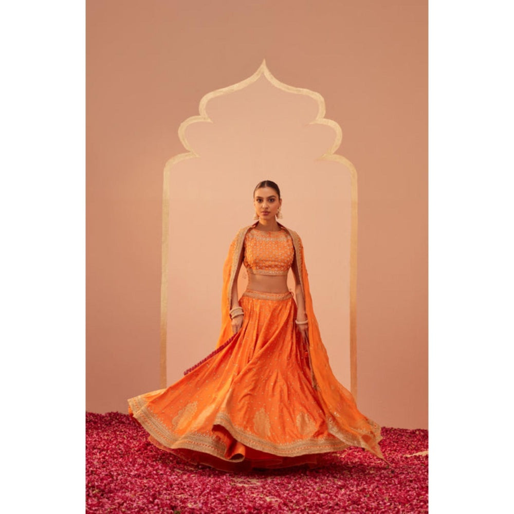Sheetal Batra Tanisha- Tangerine Orange Lehenga With Blouse And Dupatta Set
