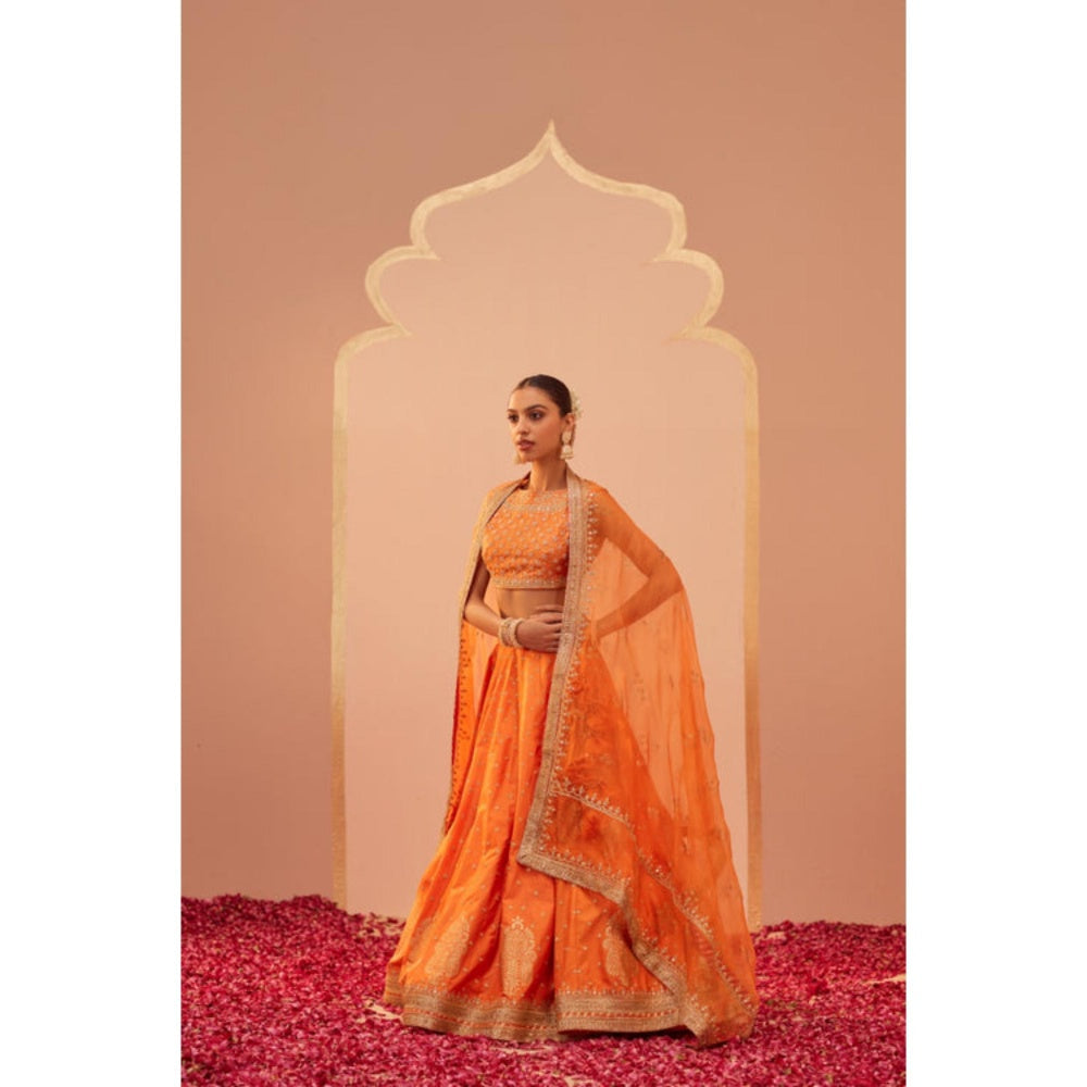 Sheetal Batra Tanisha- Tangerine Orange Lehenga With Blouse And Dupatta Set