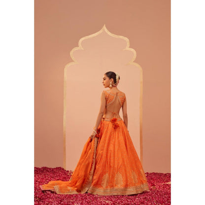 Sheetal Batra Tanisha- Tangerine Orange Lehenga With Blouse And Dupatta Set