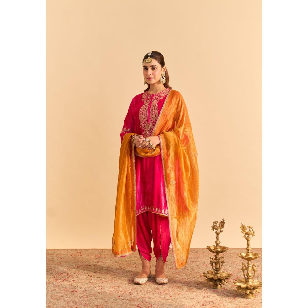 Sheetal Batra Amal Pink Velvet Embroidered Kurta With Dhoti and Dupatta