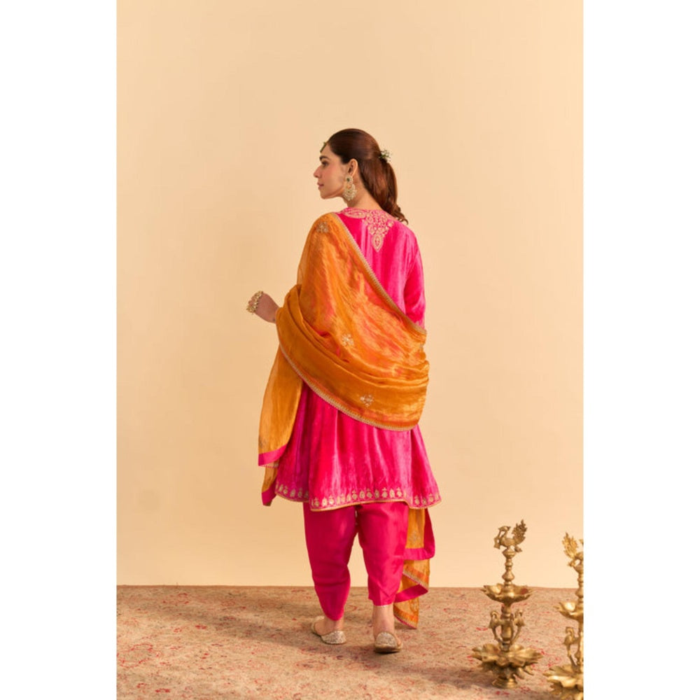 Sheetal Batra Amal Pink Velvet Embroidered Kurta With Dhoti and Dupatta