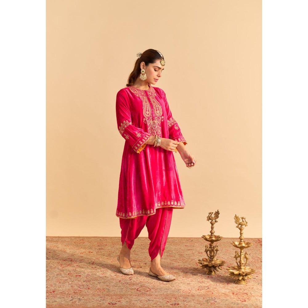 Sheetal Batra Amal Pink Velvet Embroidered Kurta With Dhoti and Dupatta