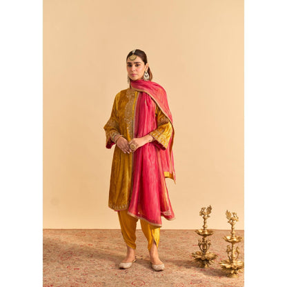 Sheetal Batra Amal Mustard Velvet Embroidered Kurta With Dhoti and Dupatta