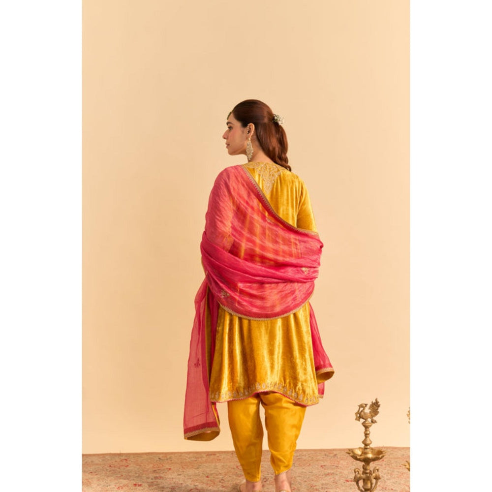 Sheetal Batra Amal Mustard Velvet Embroidered Kurta With Dhoti and Dupatta