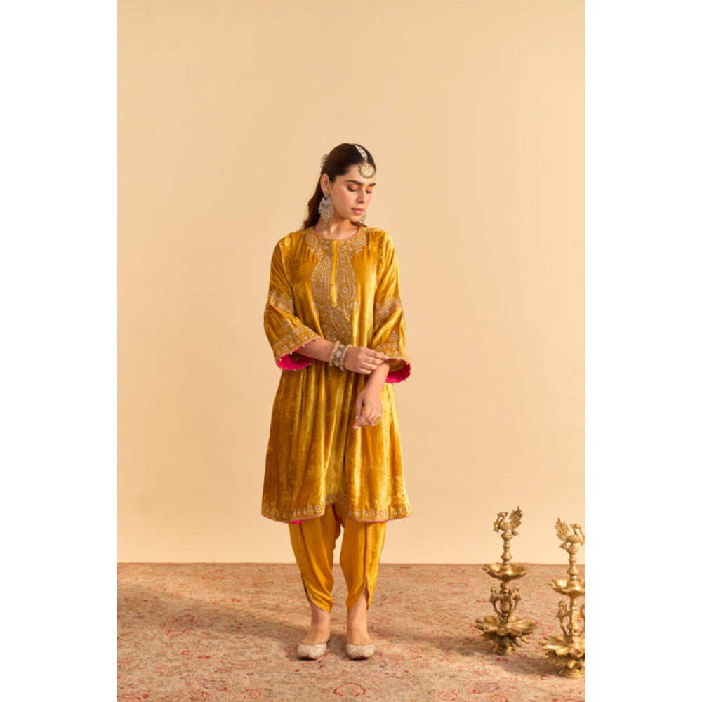 Sheetal Batra Amal Mustard Velvet Embroidered Kurta With Dhoti