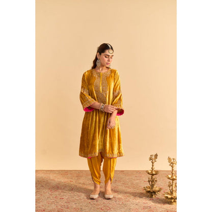 Sheetal Batra Amal Mustard Velvet Embroidered Kurta With Dhoti