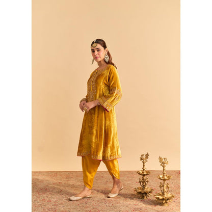 Sheetal Batra Amal Mustard Velvet Embroidered Kurta With Dhoti