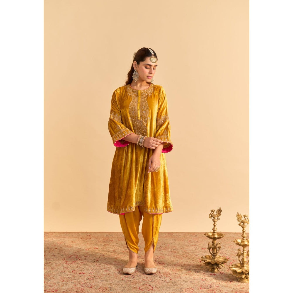 Sheetal Batra Amal Mustard Velvet Embroidered Kurta With Dhoti