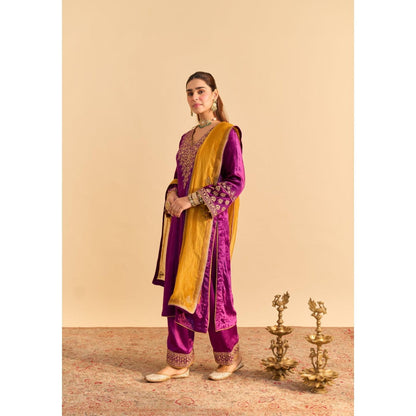 Sheetal Batra Aynaz Purple Velvet Embroidered Kurta With Salwar and Dupatta