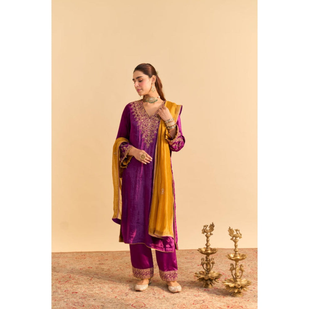 Sheetal Batra Aynaz Purple Velvet Embroidered Kurta With Salwar and Dupatta