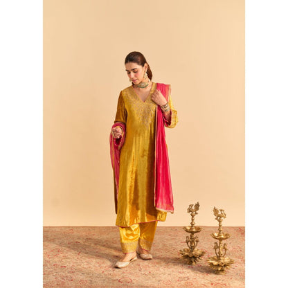 Sheetal Batra Aynaz Mustard Velvet Embroidered Kurta With Salwar and Dupatta