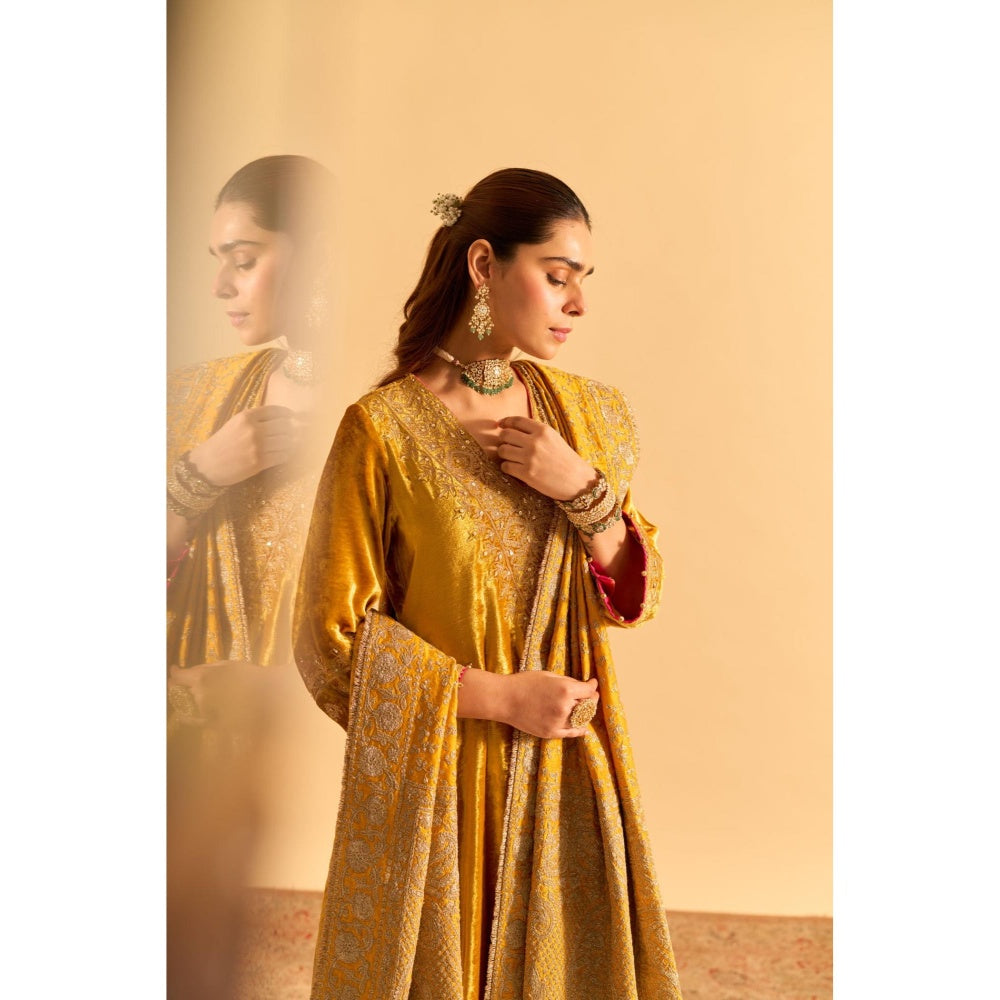 Sheetal Batra Aynaz Mustard Velvet Embroidered Kurta With Salwar and Dupatta