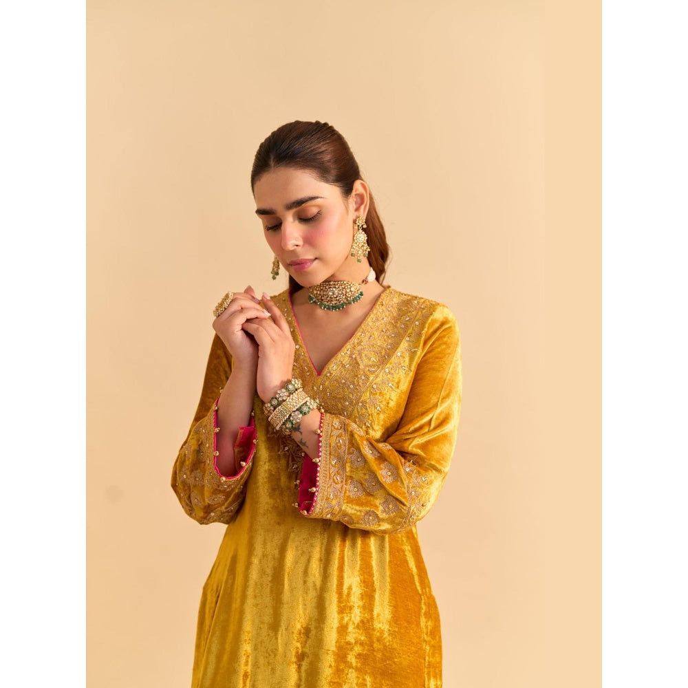 Sheetal Batra Aynaz Mustard Velvet Embroidered Kurta With Salwar and Dupatta